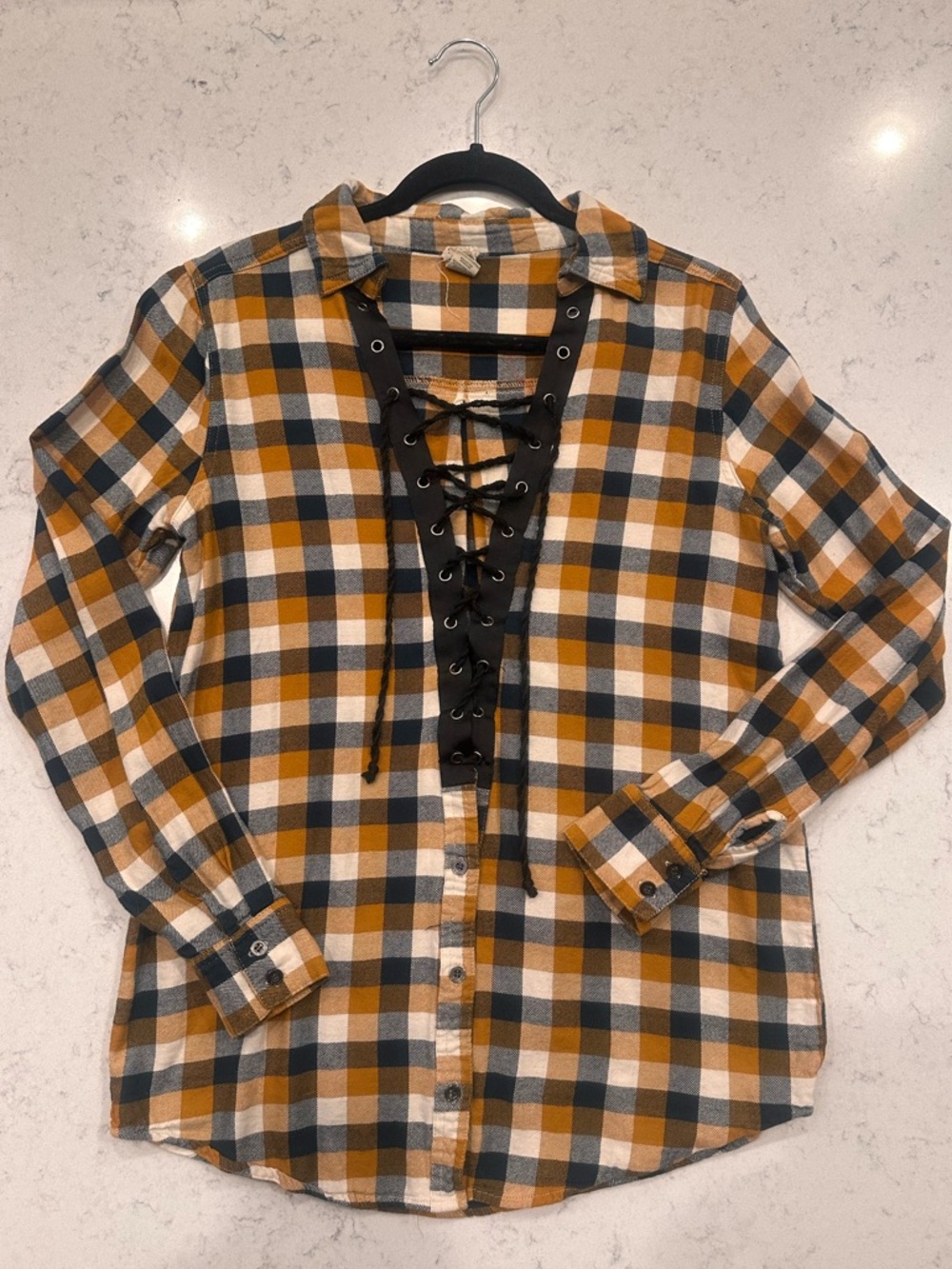 Gimmicks by Bucket Plaid Lace-Up Shirt - Mustard & Black/Dark Teal